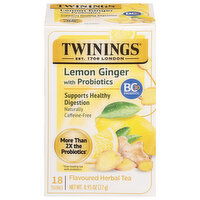 Twinings Flavoured Herbal Tea, Caffeine-Free, Lemon Ginger with Probiotics, Tea Bags - 18 Each