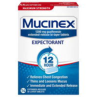 Mucinex Expectorant, Maximum Strength, 1200 Mg, 12 Hour, Tablets - 14 Each