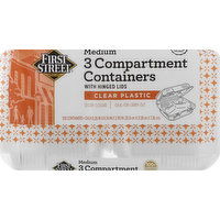 First Street Containers with Hinged Lids, 3 Compartment, Clear Plastic, Medium - 100 Each