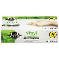 First Street Gloves, Disposable, Clear, Vinyl, Medium, 100 Each