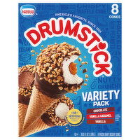 Drumstick Frozen Dairy Dessert Cones, Chocolate/Vanilla Caramel/Vanilla, Variety Pack - 8 Each