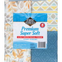 First Street Facial Tissue, White, Premium, Super Soft, 2-Ply, 4 Pack - 4 Each