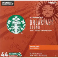 Starbucks Coffee, Ground, Medium Roast, Breakfast Blend, K-Cup Pods, 44 Each