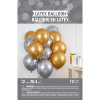 Latex Balloon 12in Silver/Gold Metallic - 12 Each