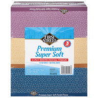 First Street Facial Tissue, White, Premium, Super Soft, 2-Ply, 3 Pack, 3 Each