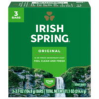 Irish Spring Deodorant Bar Soap for Men, With Flaxseed Oil, 12 Hour Fresh Deodorant Soap, 3.7 Oz. Bar (3 Pk.), 3 Each