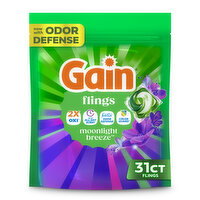 Gain Gain Flings Liquid Washing Detergent pacs with Odor Defense + Color Guard, Moonlight Breeze Scent, 31 Count, 4-In-1 liquid laundry detergent pacs (Oxi, up to all day scent, Febreze Odor Defense and color guard), clean & fresh