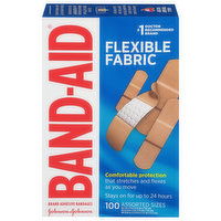 Band-Aid Adhesive Bandages, Flexible Fabric, Assorted Sizes - 100 Each