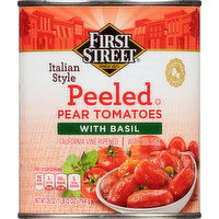 First Street Pear Tomatoes with Basil, Peeled, Italian Style - 28 Ounce