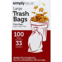 Simply Value Trash Bags, Twist Ties, Large, 33 Gallon, 100 Each