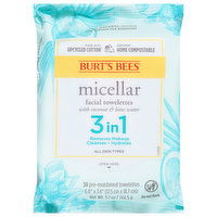 Burt's Bees Facial Towelettes, with Coconut & Lotus Water, Micellar, 3 in 1 - 30 Each