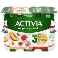 Activia Yogurt, Low Fat, Peach, Strawberry - 12 Each