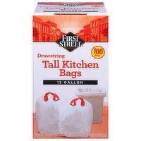 First Street Tall Kitchen Bags, Drawstring, 13 Gallon - 100 Each