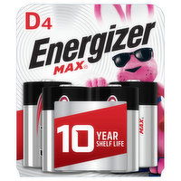 Energizer Batteries, Alkaline, D - 4 Each