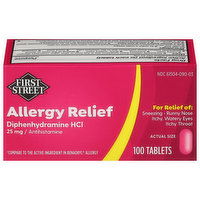 First Street Allergy Relief, Diphenhydramine HCI, 25 mg/Antihistamine, Tablets - 100 Each