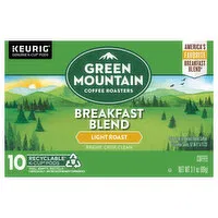 Green Mountain Coffee Roasters Coffee, Light Roast, Breakfast Blend, K-Cup Pods, 10 Each