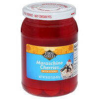 First Street Cherries, with Stems, Maraschino, 16 Ounce