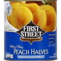 First Street Peach Halves, Yellow Cling, in Extra Light Syrup,  - 106 Ounce