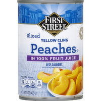 First Street Peaches, Yellow Cling, in 100% Fruit Juice, Less Calories, Sliced - 15 Ounce