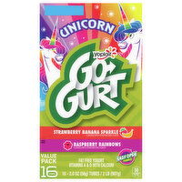 Go-Gurt Yogurt, Fat Free, Raspberry Rainbows/Strawberry Banana Sparkle, Unicorn, Value Pack - 16 Each