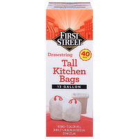 First Street Tall Kitchen Bags, Drawstring, 13 Gallon, 40 Each