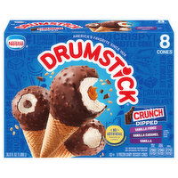 Drumstick Frozen Dairy Dessert Cones, Vanilla Fudge/Vanilla Caramel/Vanilla, Crunch Dipped - 8 Each