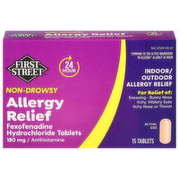 First Street Allergy Relief, Indoor & Outdoor, 180 mg, Tablets, 15 Each