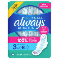 Always Pads, Ultra Thin, Extra Long Super, Size 3, Jumbo Pack - 38 Each