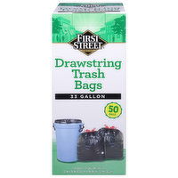 First Street Trash Bags, Drawstring, 33 Gallon, 50 Each