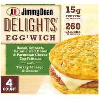 Jimmy Dean Delights Egg’wich Breakfast Sandwiches with Bacon, Spinach, Caramelized Onions, and Parmesan Egg Frittatas with Turkey Sausage and Cheese, Breadless, Frozen