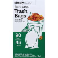 Simply Value Trash Bags, Clear, with Twist Ties, 45 Gallon - 90 Each