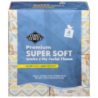First Street Facial Tissue, Premium, Super Soft, White, 2-Ply - 4 Each