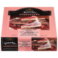 Jon Donaire Cheesecake, Strawberry Swirl Tuxedo, White Chocolate Flavored Raspberry, Triple Chocolate, Variety Pack - 12 Each