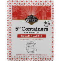 First Street Containers with Hinged Lids, Clear Plastic, 5 Inch, 125 Each