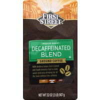 First Street Coffee, Ground, Medium Roast, Decaffeinated Blend - 32 Ounce