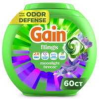 Gain Gain Flings Liquid Washing Detergent pacs with Odor Defense + Color Guard, Moonlight Breeze Scent, 60 Count, 4-In-1 liquid laundry detergent pacs (Oxi, up to all day scent, Febreze Odor Defense and color guard), clean & fresh