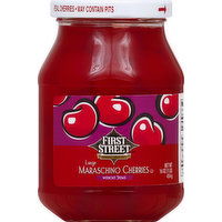 First Street Cherries, Maraschino, without Stems, Large, 16 Ounce