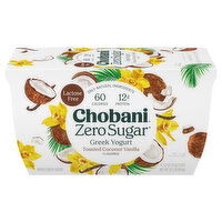 Chobani Yogurt, Greek, Nonfat, Zero Sugar, Toasted Coconut Vanilla Flavored - 4 Each