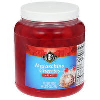 First Street Cherries, Halves, Maraschino, 74 Ounce