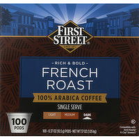 First Street Coffee, 100% Arabica, Dark, French Roast, Single Serve Pods - 100 Each