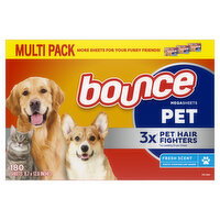 Bounce Pet Hair and Lint Guard Mega Dryer Sheets with 3X Pet Hair Fighters, Fresh Scent - 180 Each