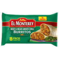 El Monterey Burritos, Mild, Beef & Bean Green Chili, Family Size, 8 Pack, 8 Each