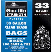 Grrilla Strength Trash Bags, Plastic, Clear, 33 Gallon - 100 Each