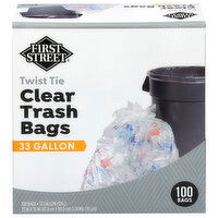 First Street Clear Trash Bags, Twist Tie, 33 Gallon - 100 Each