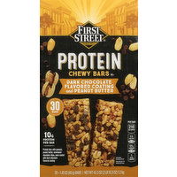 First Street Protein Bar, Dark Chocolate Flavored Coating and Peanut Butter, Chewy, 30 Each