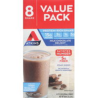 Atkins Shake, Protein-Rich, Milk Chocolate Delight, Value Pack, 8 Each