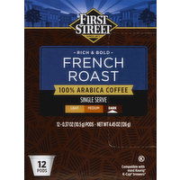 First Street Coffee, 100% Arabica, Dark, French Roast, Single Serve, Pods, 12 Each