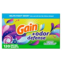 Gain + Odor Defense Dryer Sheets, Super Fresh Blast Scent, 120 Each