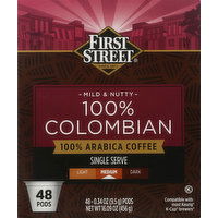 First Street Coffee, 100% Arabica, Medium, 100% Colombian, Single Serve, Pods, 48 Each