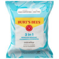 Burt's Bees Facial Towelettes, with Coconut & Lotus Water, Micellar, 3 in 1 - 30 Each